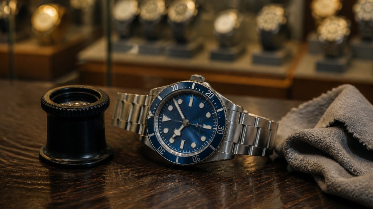 Close-up of a stainless steel dive watch with a blue dial resting on a dark wooden counter beside a jeweller's loupe and a soft polishing cloth, warm shop lighting in the background