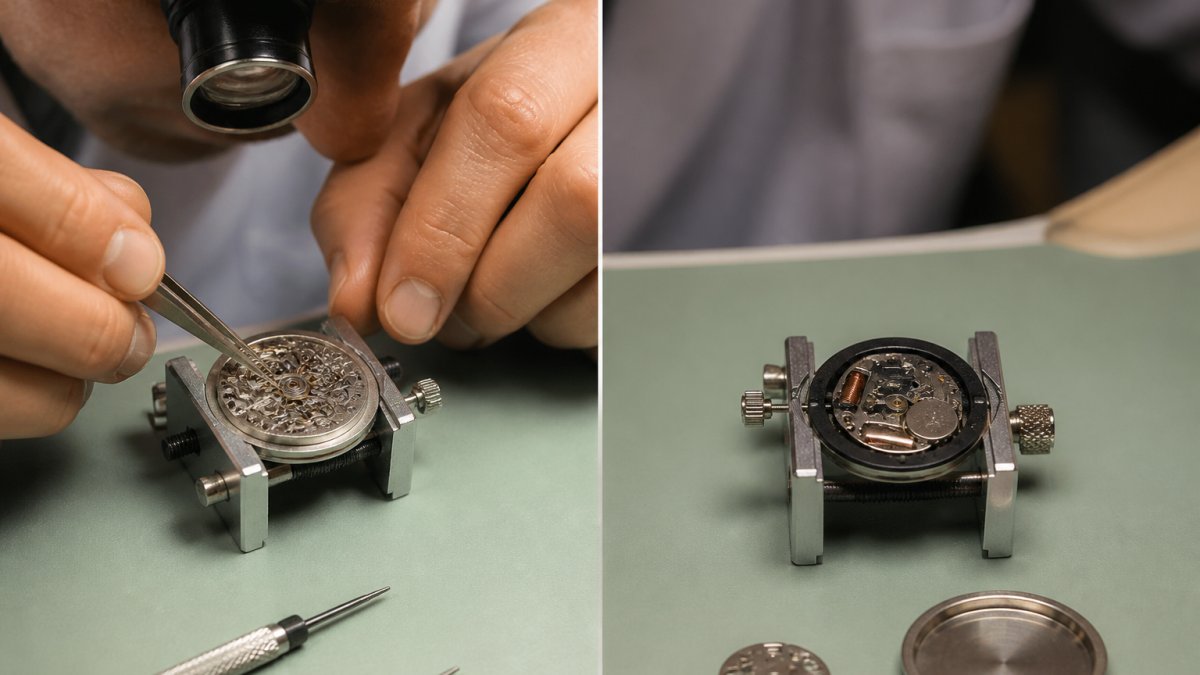 Close-up of a watchmaker's hands using a loupe and tweezers to inspect an open mechanical watch movement on a clean workbench