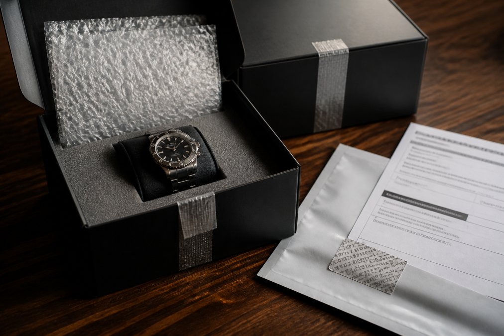 A luxury watch being carefully packed in protective materials with tamper-evident seals and branded packaging, showing return authorization documentation beside it