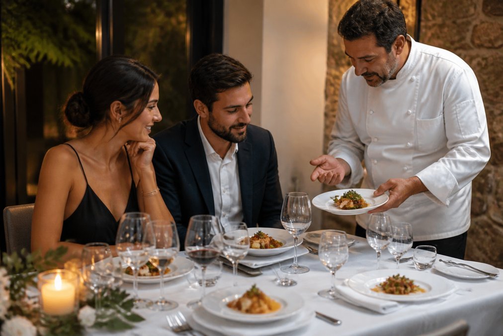 A couple seated at a private dining table tasting small plated courses, a chef in whites explaining a dish beside them, warm evening light and an elegant table setting with wine glasses