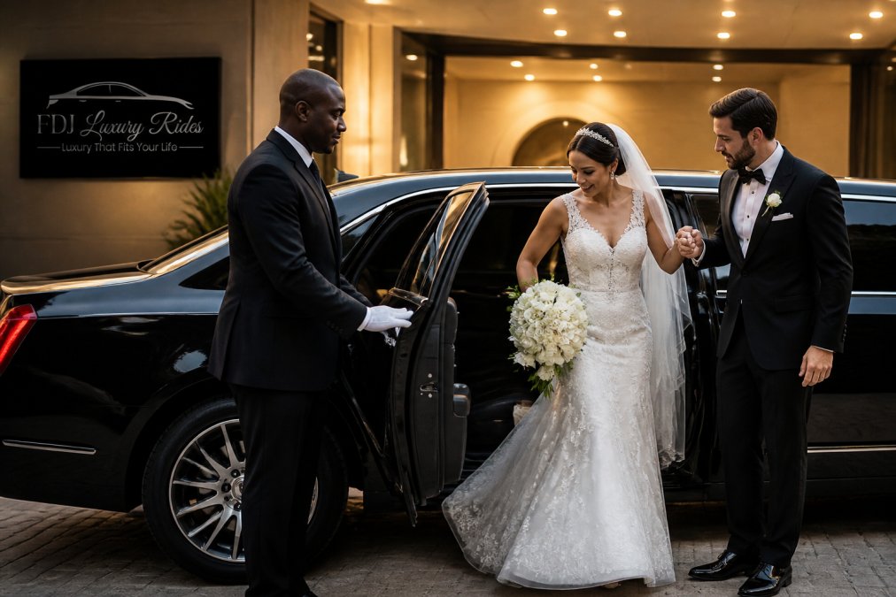 Professional chauffeur in formal black suit and white gloves opening the door of a luxury limousine for a bride in white wedding gown and groom in tuxedo, elegant venue entrance with soft evening lighting