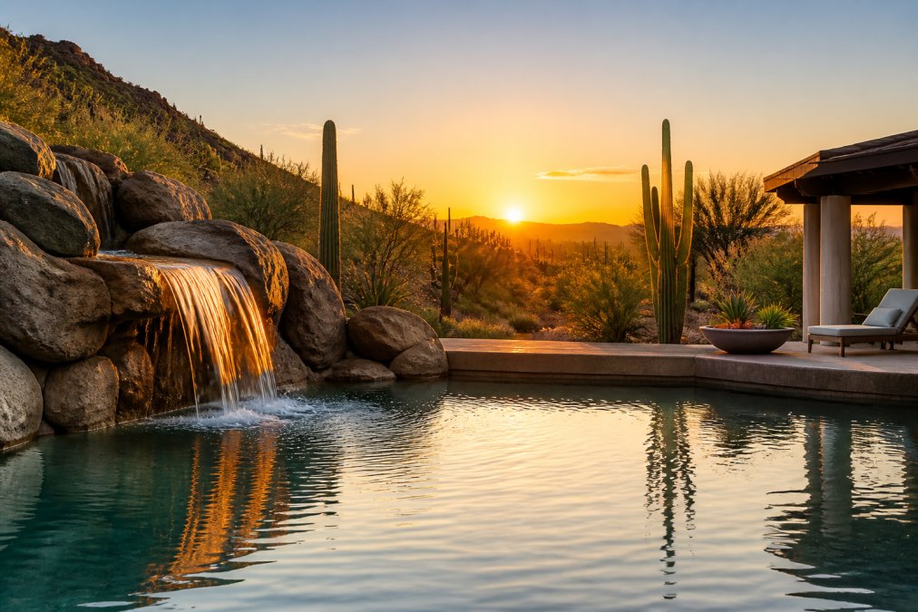 A serene outdoor pool with a natural waterfall feature surrounded by desert landscape and towering saguaro cacti, warm golden-hour lighting casting long shadows across still water, no people visible, evoking calm and deep rejuvenation