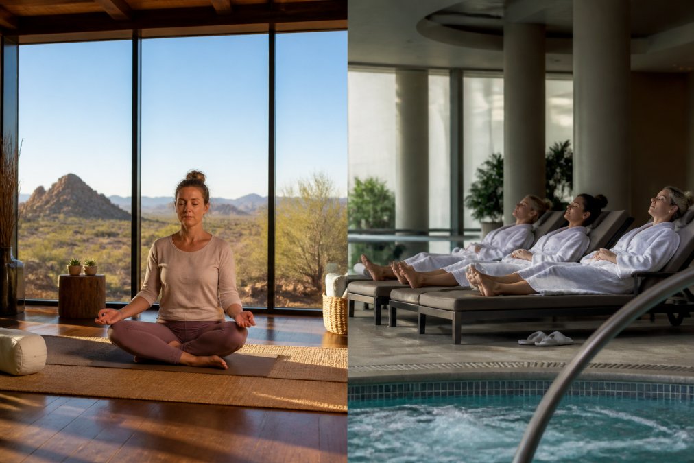 A woman sitting cross-legged on a yoga mat in a sunlit studio with natural wood floors, eyes closed in meditation, large windows behind her framing a vast desert landscape under a clear blue sky, warm morning light filling the room