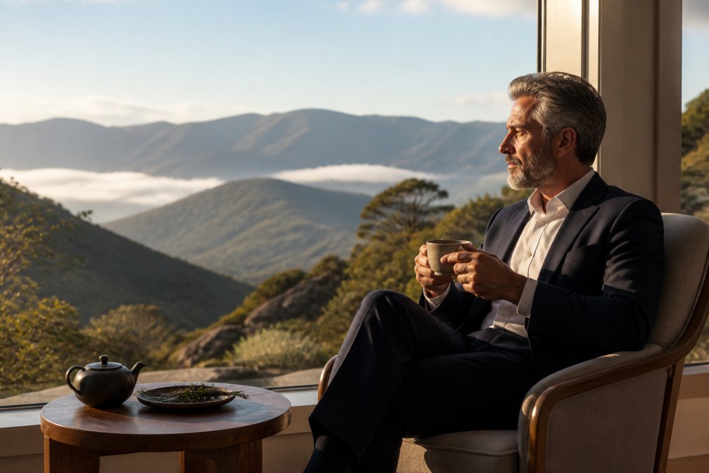 Professional executive in business attire sitting peacefully by a floor-to-ceiling window overlooking mountain ranges, shoulders visibly relaxed, holding a warm cup of herbal tea, soft morning light streaming across the scene
