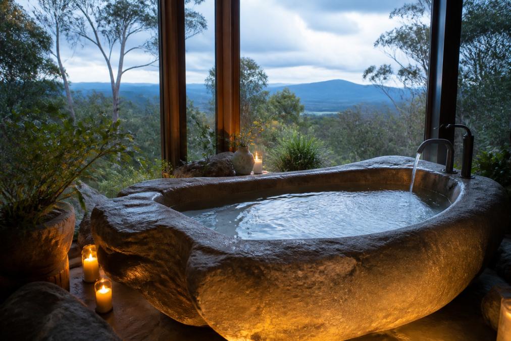 Serene spa bath carved from natural stone with soft ambient lighting, surrounded by native Tasmanian vegetation visible through expansive windows, mountain vista in background, creating an atmosphere of complete tranquility and exclusivity