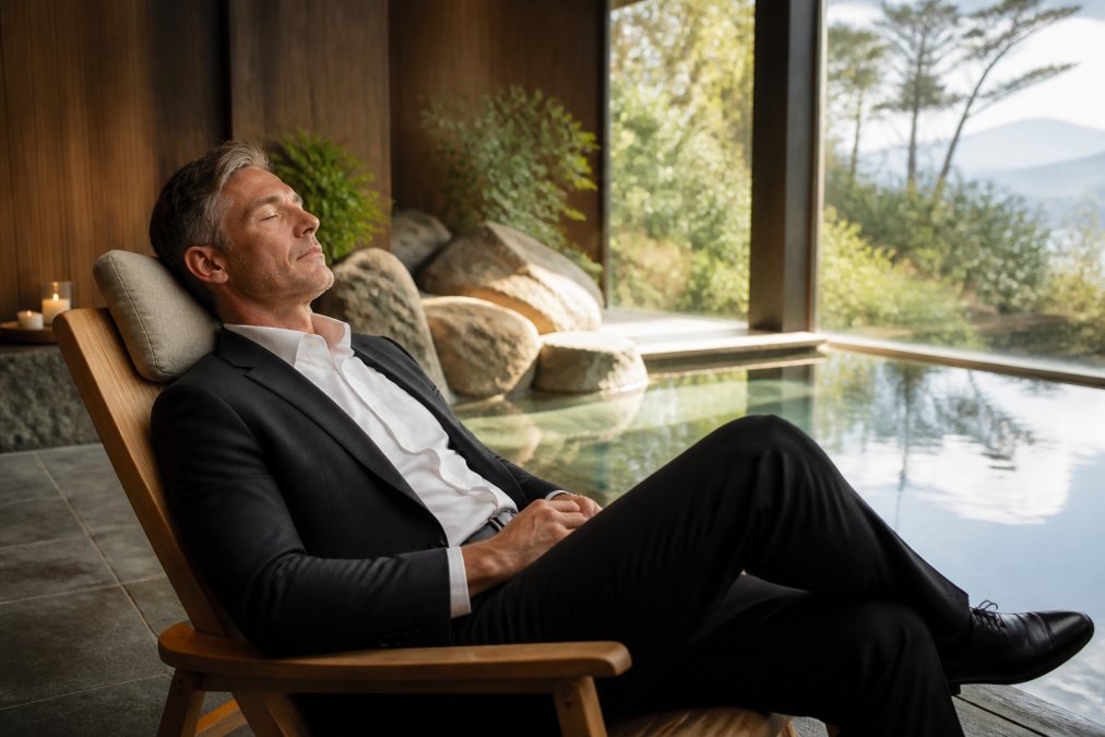 Executive in business attire sitting in serene spa environment with natural light streaming through floor-to-ceiling windows, visibly relaxed with shoulders dropped, surrounded by warm earth tones and minimalist design