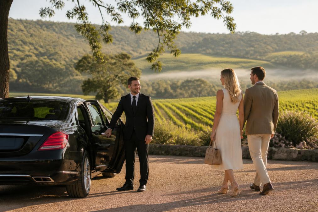Professional luxury sedan parked at Adelaide Hills vineyard entrance with rolling vineyards in background, well-dressed driver in dark suit standing beside vehicle, morning sunlight on landscape