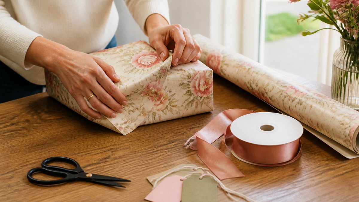 A person wrapping a birthday gift in floral cream wrapping paper on a wooden table, with scissors, a spool of satin ribbon, and gift tags scattered nearby in soft daylight