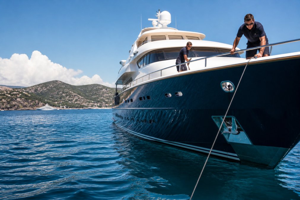Luxury superyacht anchored in Mediterranean waters with professional crew members conducting deck inspections and maintenance, clear blue sky and distant coastline visible in background