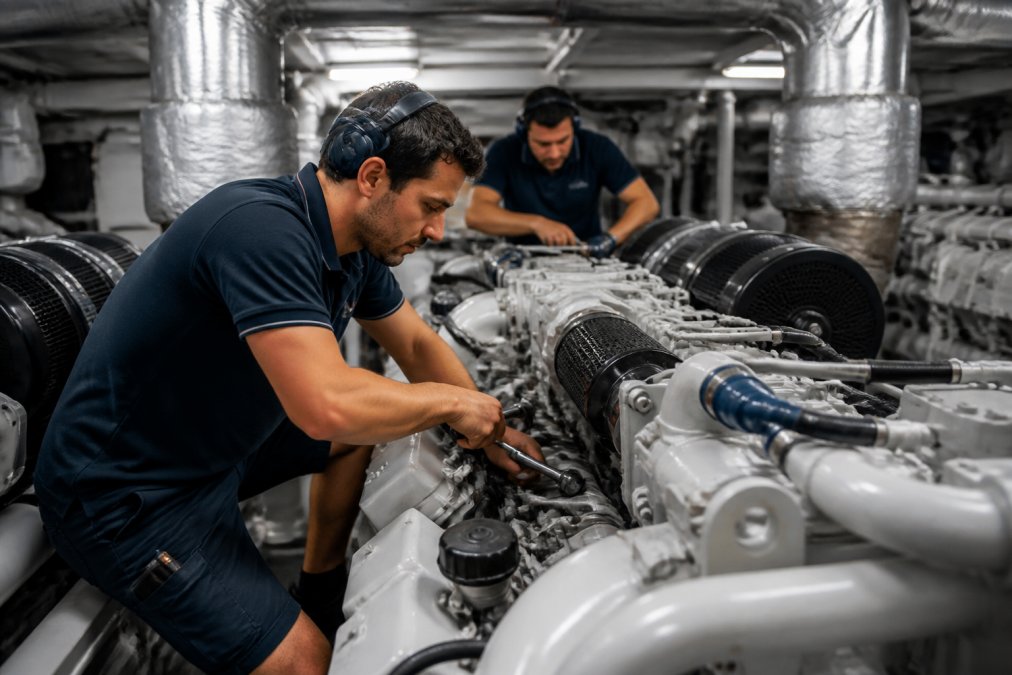 Professional yacht crew conducting detailed maintenance checks on vessel mechanical and electrical systems, demonstrating technical expertise with specialized tools and equipment in engine room