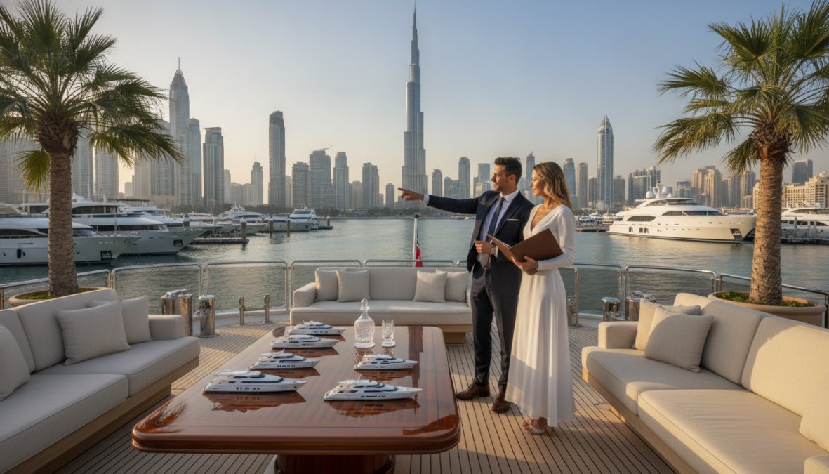 Professional illustration showing Dubai for luxury yacht brokerage services Dubai