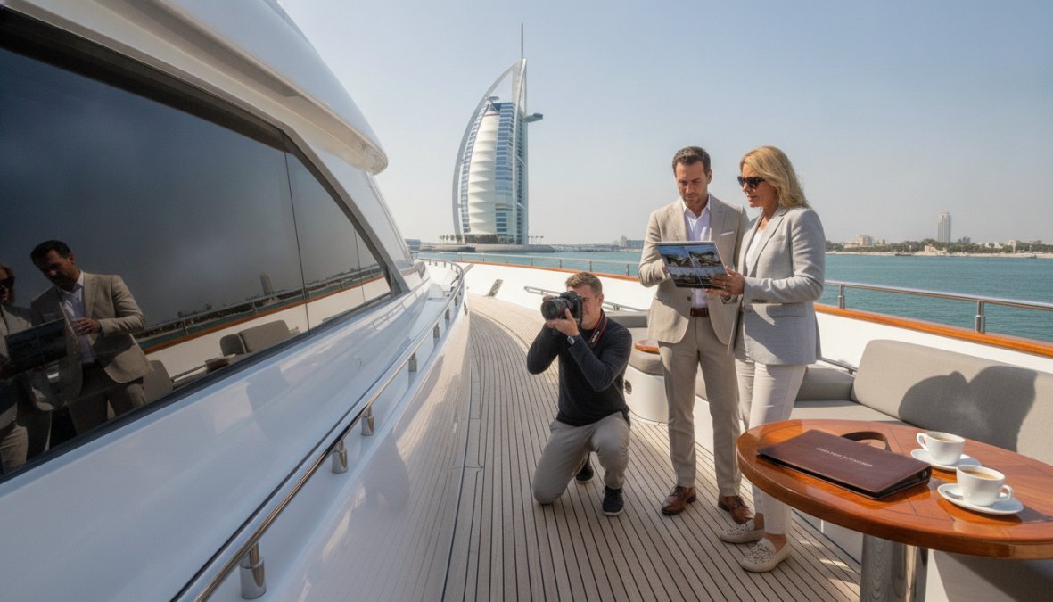 Professional illustration showing luxury yacht brokerage services Dubai