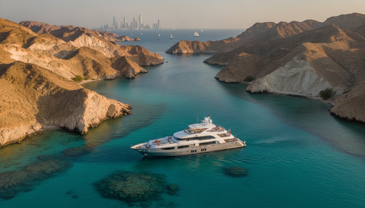Professional illustration showing Aerial, Middle Eastern for luxury yacht charter Middle East