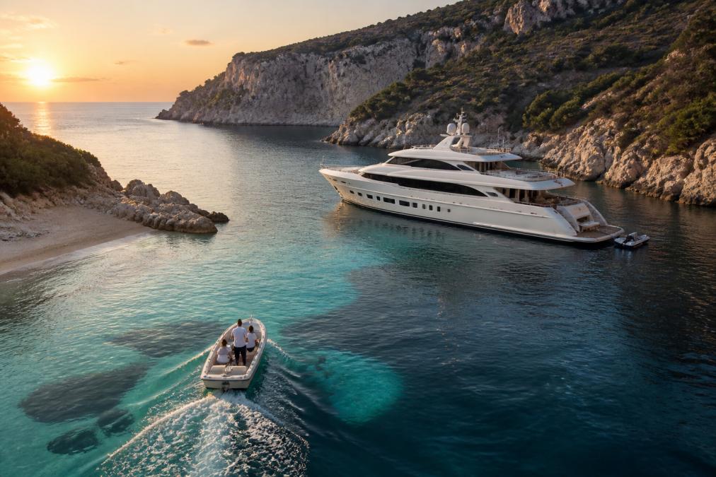 Superyacht anchored in a turquoise Mediterranean cove, perfect for yacht charter planning and coastal exploration.
