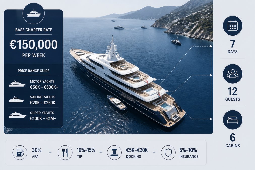 Aerial view of a luxury superyacht anchored in Mediterranean waters, showing the vessel's full profile against sparkling blue sea with dramatic coastline in background