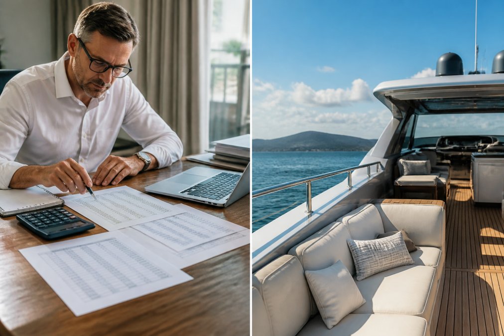 Close-up of a yacht owner reviewing detailed financial documents and cost spreadsheets at a modern desk with laptop and calculator, natural office lighting