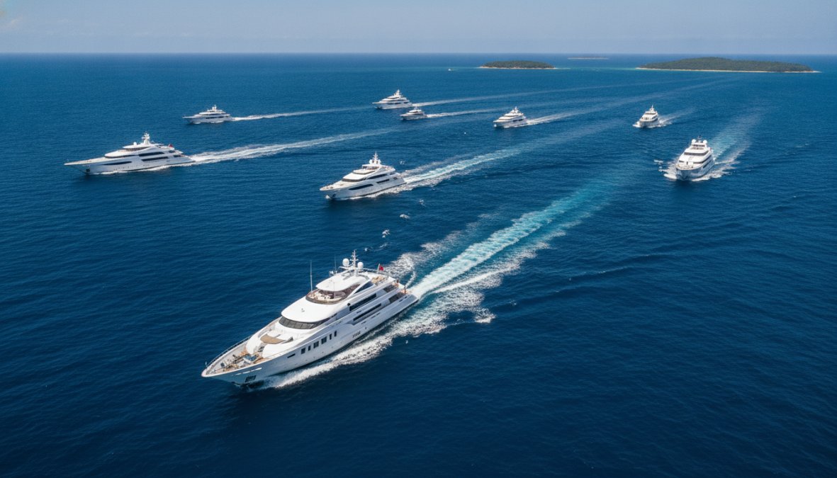 Professional illustration showing Aerial for luxury yacht sales market trends
