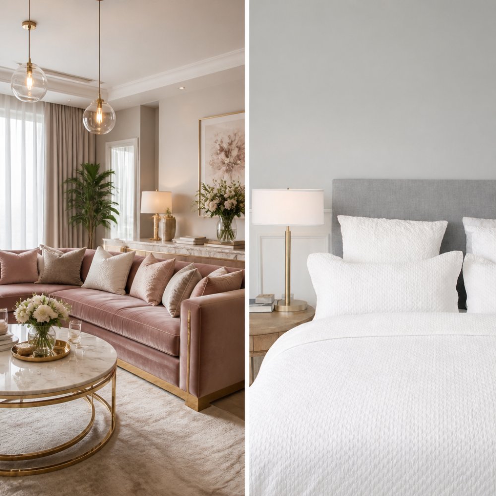 A beautifully styled living room featuring a plush velvet lounge suite with gold detailing, layered throw cushions in ivory and dusty rose, and a marble coffee table, lit by warm pendant lighting and afternoon sun through sheer curtains