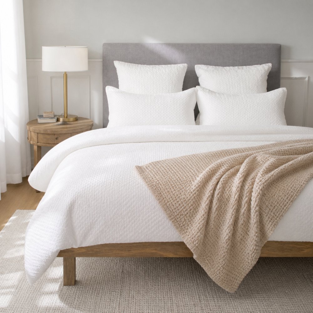 A bright, elegant bedroom styled with a crisp white cotton quilt cover set, textured waffle-knit throw draped across the foot of a timber bed frame, coordinated pillowcases, and a single sculptural lamp on a bedside table, bathed in soft natural morning light