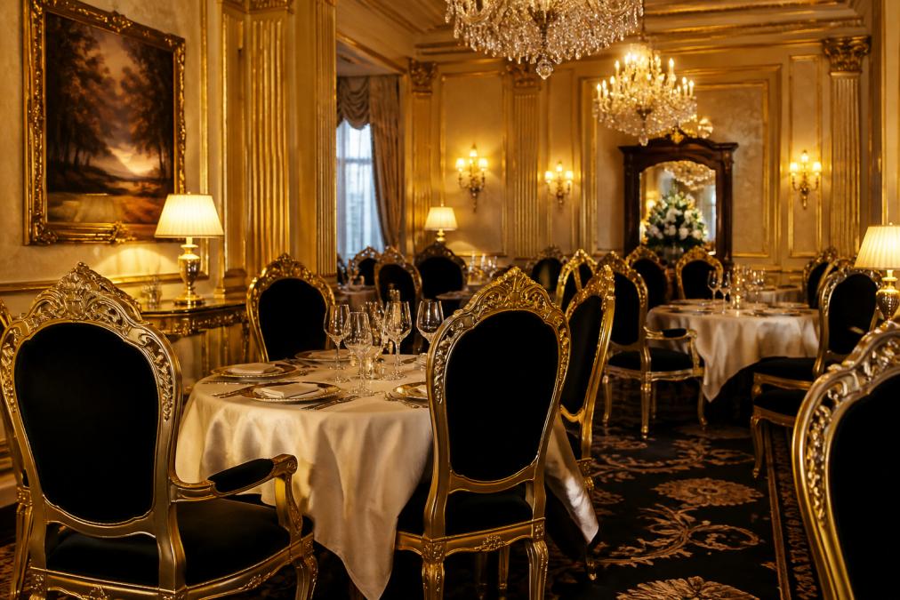 Elegantes Fine-Dining-Restaurant mit luxuriösen Barock-Esszimmerstühlen in Gold und Schwarz, gedimmte Beleuchtung, gedeckte Tische mit weißem Leinen, klassische Kronleuchter, warme Wandfarben in Creme und Gold