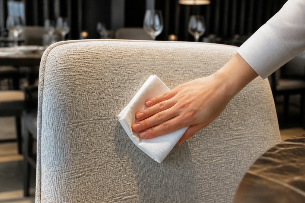 Nahaufnahme eines hochwertigen strukturierten Polsterstoffes mit edler Textur, Hand wischt sanft über den Stoff in professionellem Reinigungsprozess, zeigt Pflegeleichtigkeit und Verschleißfestigkeit unter Beleuchtung