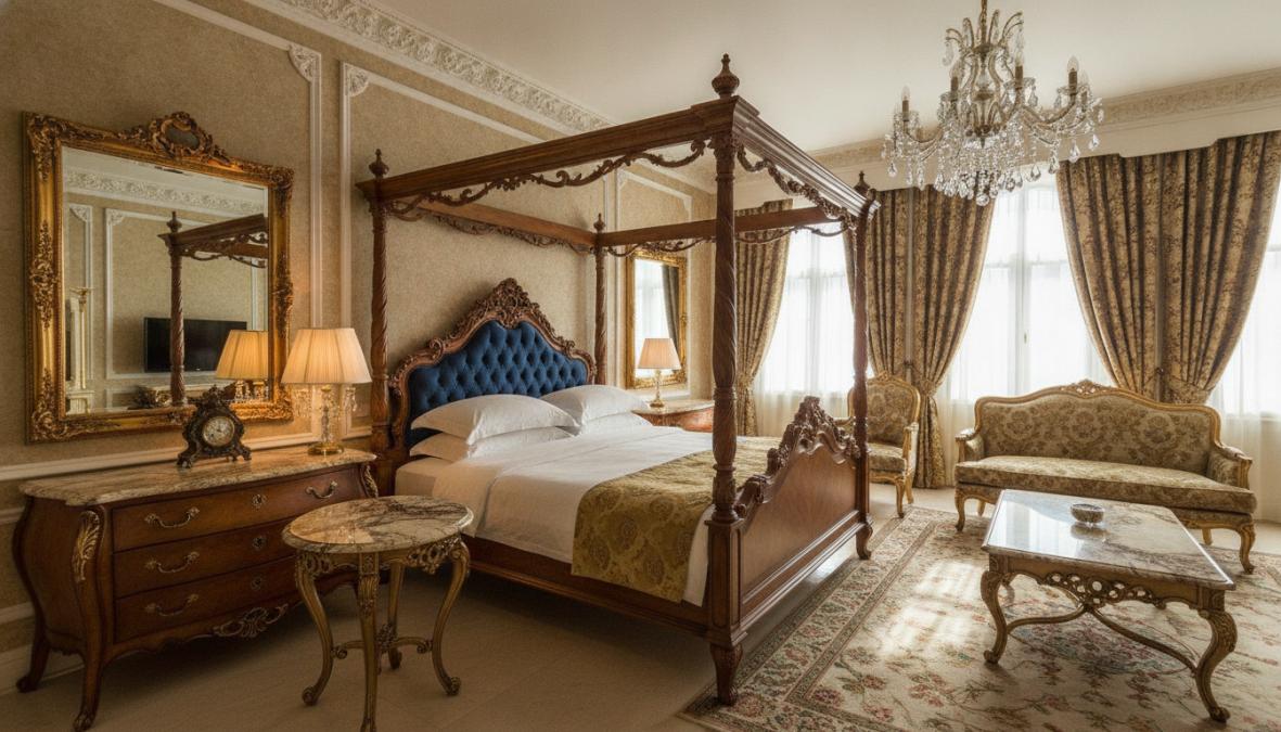 Elegantes Hotelzimmer mit barocken Möbeln, vergoldeten Details und Marmortischen in luxuriöser Atmosphäre mit warmer Beleuchtung