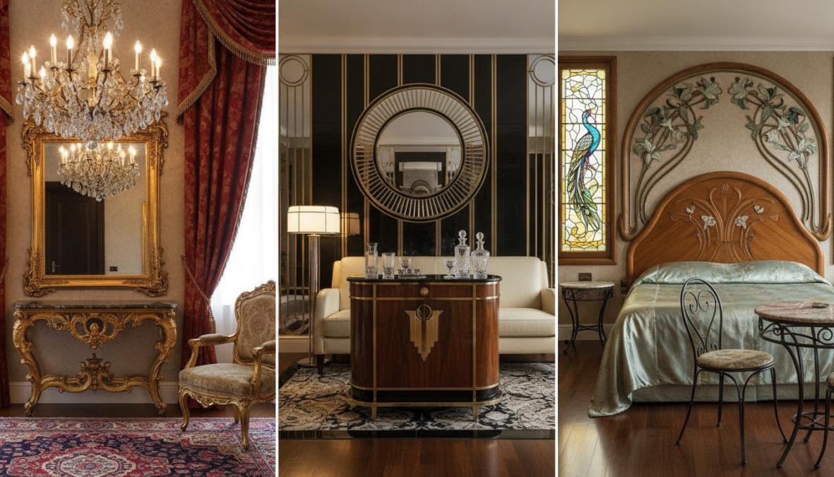 Elegantes Boutique-Hotel-Zimmer mit Barockstil-Möbeln, goldenem Kronleuchter, ornamentalen Spiegeln und luxuriösen Samtstoffen in warmen Tönen