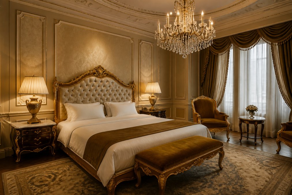 Elegantes Hotelzimmer mit barocken Möbeln, Kronleuchter, luxuriösem Polsterbett mit goldenem Rahmen, Marmor-Nachttisch und klassischer Innenarchitektur in warmer Beleuchtung
