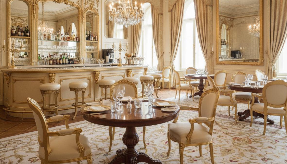Elegantes Restaurant-Interieur mit luxuriösen Barockstühlen in Creme und Gold, Designertischen mit Marmor-Tischplatten, warme Beleuchtung durch Kronleuchter, gedeckte Tische mit feinem Service und Blumendekorationen
