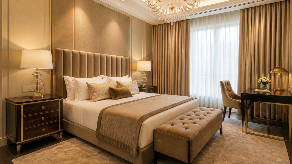 Elegant eingerichtetes Luxushotelzimmer mit hochwertigem Bett mit Samtkopfteil, Nachtschränken aus dunklem Holz, Schreibtisch mit goldenem Rahmen, eleganten Vorhängen in Creme und warmen Wandfarben, sanfte Beleuchtung durch Kristallleuchter