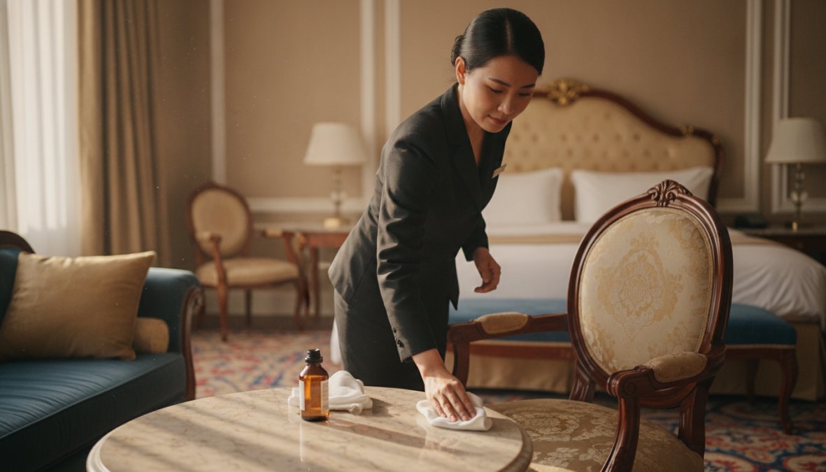 Hotelmitarbeiter reinigt edle Luxus Hotelmöbel, um Verschleiß zu vermeiden, Tipps für die schonende Pflege im Hotelzimmer.