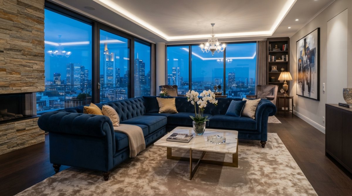 Elegantes Penthouse-Wohnzimmer mit handgefertigtem Chesterfield-Sofa in Dunkelblau, Marmor-Esstisch mit Edelstahl-Gestell, großem Kronleuchter mit Kristallen, großflächigen Fenstern mit Panoramablick über die Stadt, warmes Licht am Abend