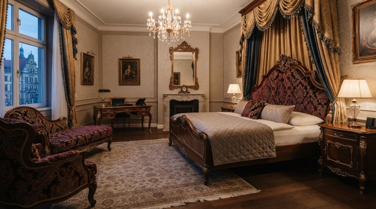 Elegantes Hotelzimmer mit maßgefertigten Barock-Möbeln aus dunklem Massivholz, vergoldeten Bronzeverzierungen und cremefarbener Polsterung, warm beleuchtet durch Kristallleuchter