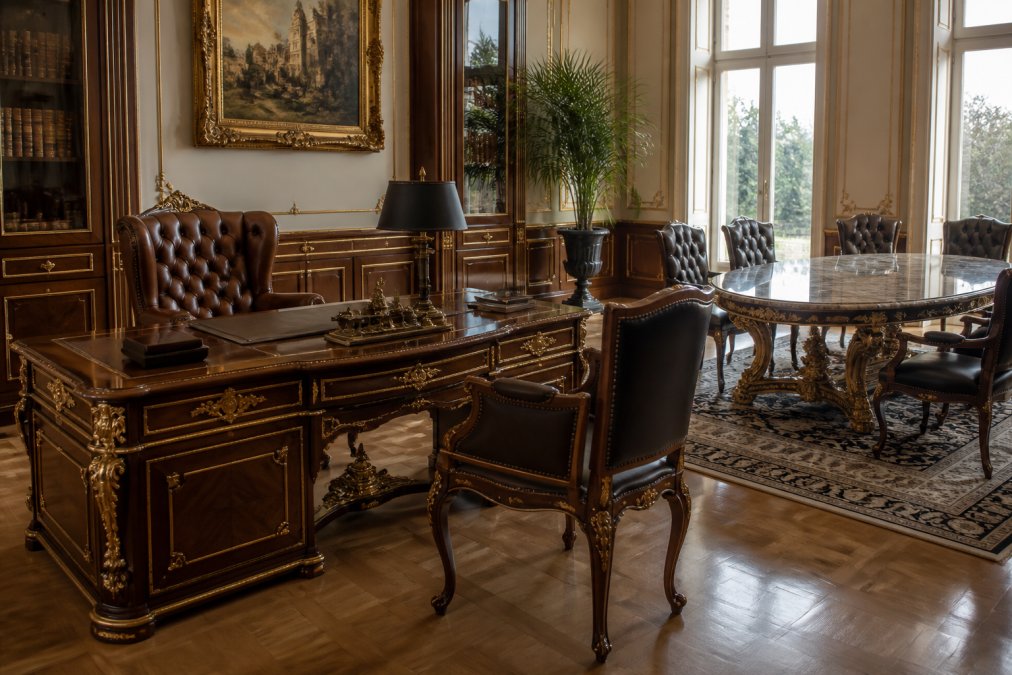 Ein elegantes Führungsbüro mit dunklem Barock-Schreibtisch aus Massivholz, klassischem Chesterfield-Sessel in Braun-Antik, und Konferenztisch mit Marmorplatte. Natürliches Licht fällt durch große Fenster, goldene Akzente glänzen an den Möbeln und an den handgeschnitzten Ornamenten