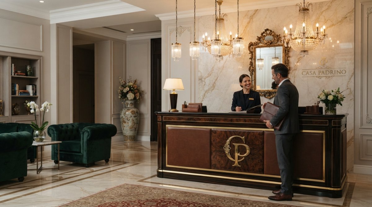 Eleganter Empfangsbereich mit weißer und goldener Luxus-Empfangstheke, modernen Designermöbeln und professioneller Beleuchtung in hellem, geräumigem Raum