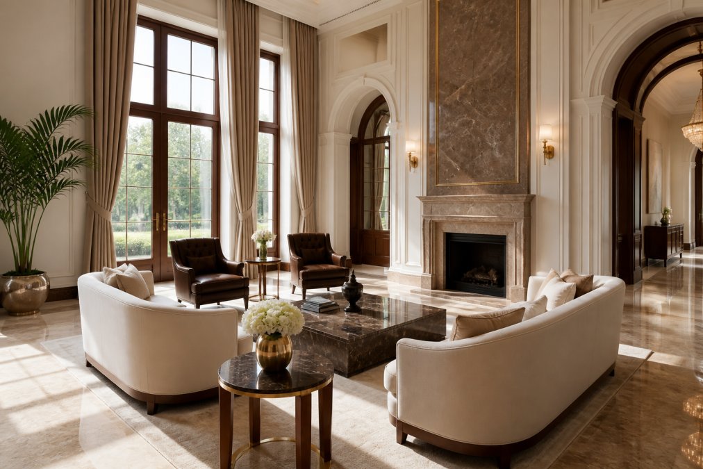 Luxuriöser Wohnraum mit Marmor-Oberflächen, Massivholzmöbeln und eleganten Texturen in warmen Lichtverhältnissen, großflächige Fenster mit natürlichem Lichteinfall, edle Designermöbel in klassischem Stil
