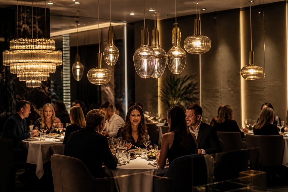 Elegantes Restaurantambiente mit mehreren modernen Designerpendelleuchten aus Glas und Metall über einem gedeckten Tisch mit warmem Licht, Gäste beim genussvollen Speisen, gedimmte Atmosphäre