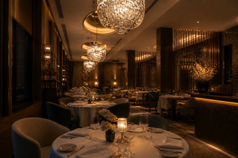 Luxuriöses Fine-Dining Restaurant mit durchdachtem Beleuchtungskonzept, mehreren Kronleuchtern und Akzentlichtern, elegante Tischdecken mit Servietten, gedimmtes warmes Ambiente, sichtbare Lichtsteuerung