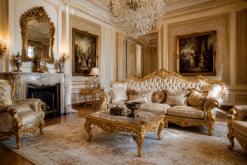 Opulentos Barock-Wohnzimmer mit handwerklich gefertigtem Sofa in Gold und Creme, Marmorkamin, Kristalllüster und klassischen Gemälden an den Wänden