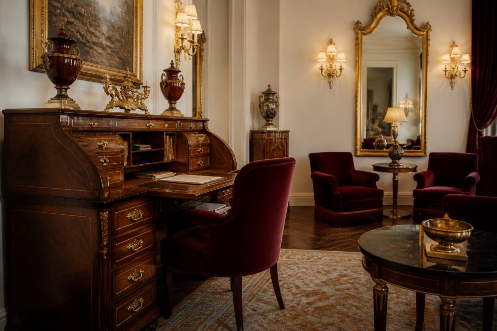 Eleganter italienischer Salon mit handwerklich gefertigtem Mahagoni-Sekretär, Samt-Sesseln in Burgunder, klassischen Spiegeln mit Vergoldung und warmer Beleuchtung durch Wandleuchten