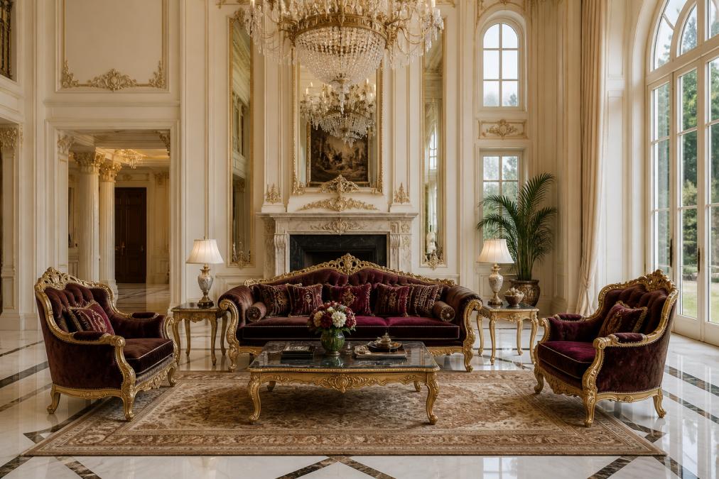 Großzügiges Wohnzimmer einer Villa mit hohen Decken, maßgefertigtem Barock-Sofa in Burgundertönen, klassischem Marmorkamin als Blickfang, symmetrisch angeordneten Sesseln und elegantem Kronleuchter, natürliches Licht durch große Fenster