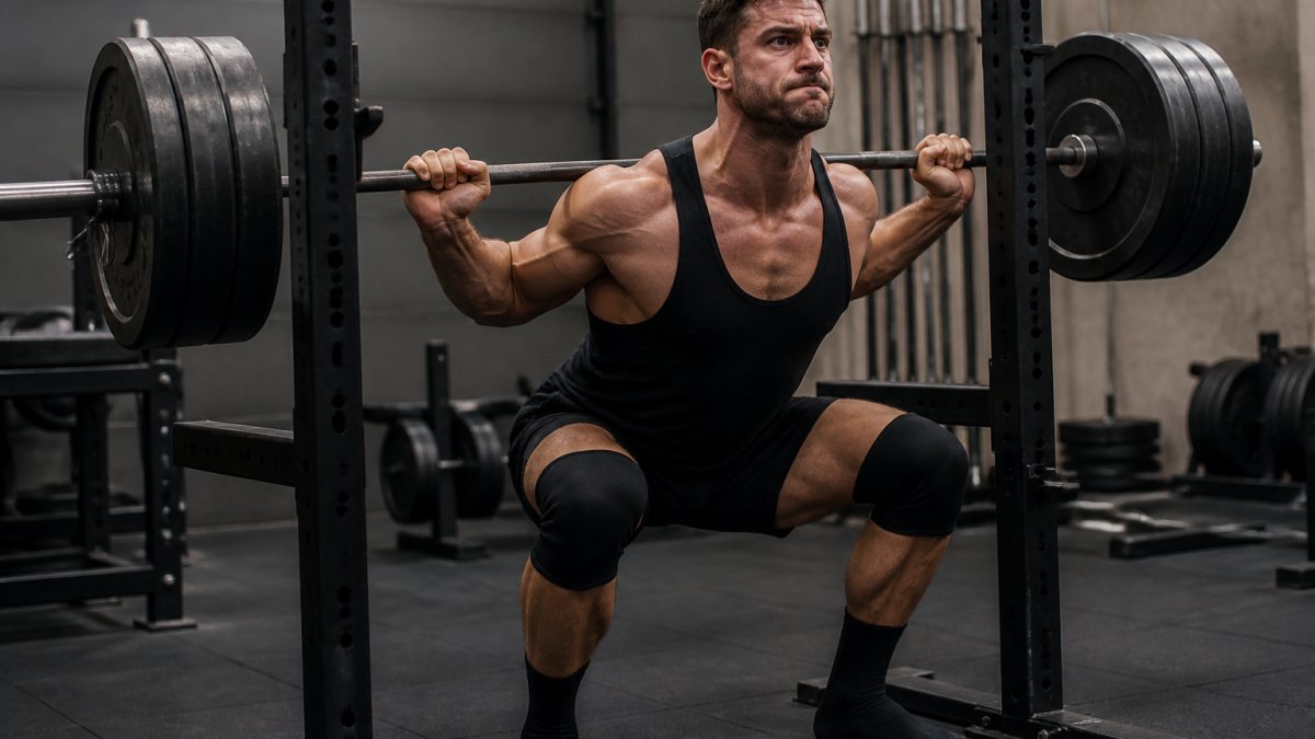 Athlete mid-heavy lift wearing premium black shorts and singlet, demonstrating fit stability during intense training with proper form and confidence