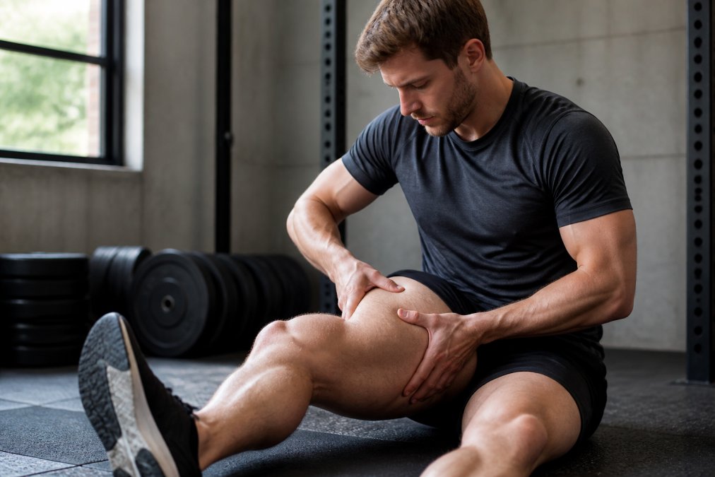Athlete performing self-massage on leg muscles with hands, demonstrating proper technique with thumbs applying gentle pressure along the thigh in a training environment with natural lighting