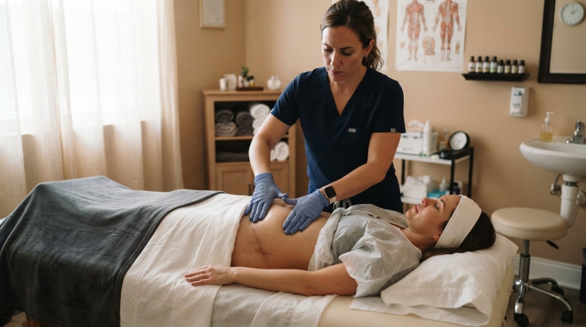 Certified therapist performing a gentle lymphatic massage on a patient's abdomen in a clinical setting.