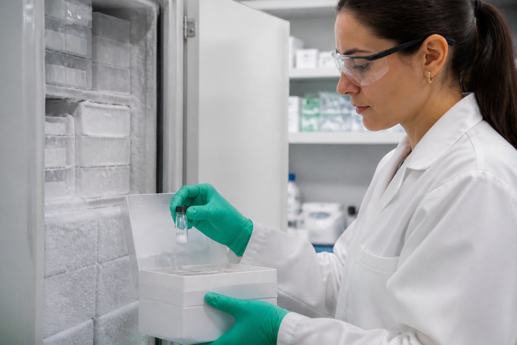 A laboratory researcher in gloves and a white coat carefully placing a small sealed vial of lyophilised peptide powder into a labelled freezer storage box, with a temperature-monitored freezer visible in the background