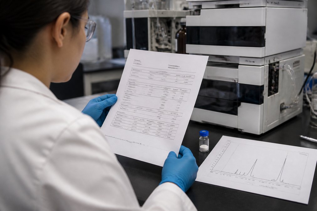Researcher examining a detailed Certificate of Analysis document alongside a lyophilized peptide vial and HPLC chromatogram printout on a laboratory bench with analytical instruments visible in background