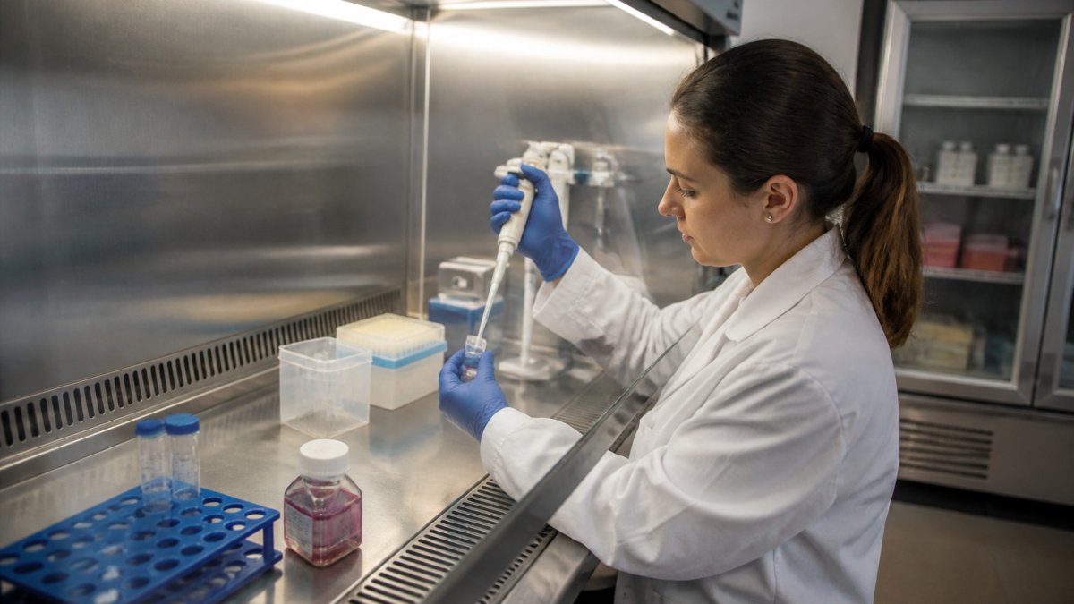 Laboratory technician in biosafety cabinet carefully reconstituting a lyophilized peptide vial with sterile pipette and cell culture media, with temperature-controlled storage unit visible in background