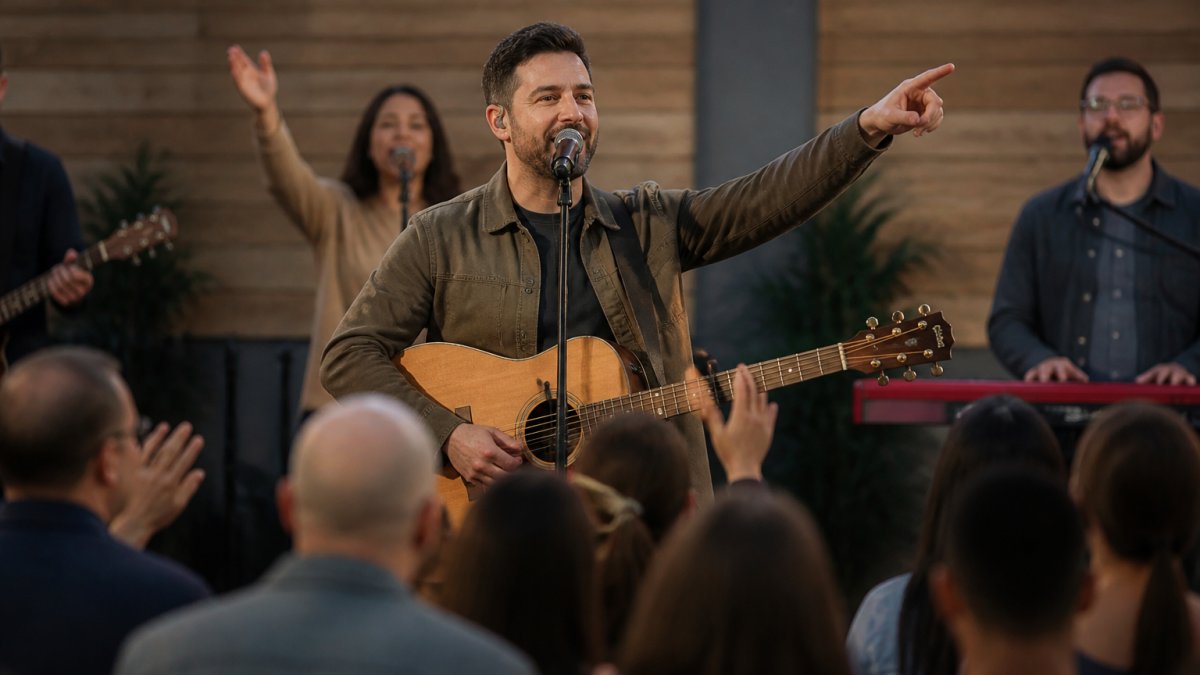 Professional worship leader on stage performing with confident eye contact and engaging posture, audience visible in background with warm stage lighting