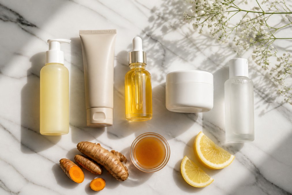 Flat lay of five skincare products on a white marble countertop with fresh turmeric root, lemon slices, and a small jar of honey arranged between them, soft natural window light