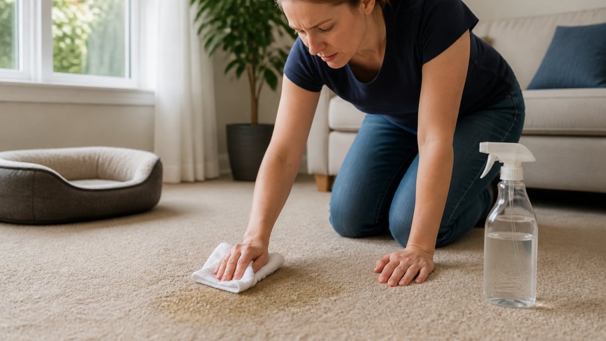 A person in casual clothes kneeling on a living room carpet, blotting a fresh pet accident with a white cloth, with a spray bottle and a pet bed visible in the background of a bright home